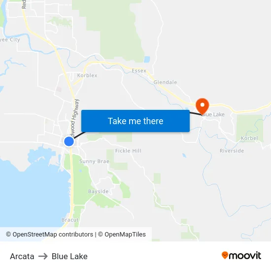 Arcata to Blue Lake map