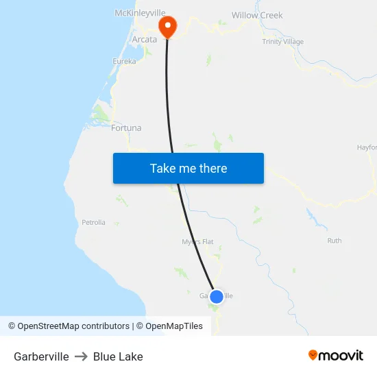 Garberville to Blue Lake map