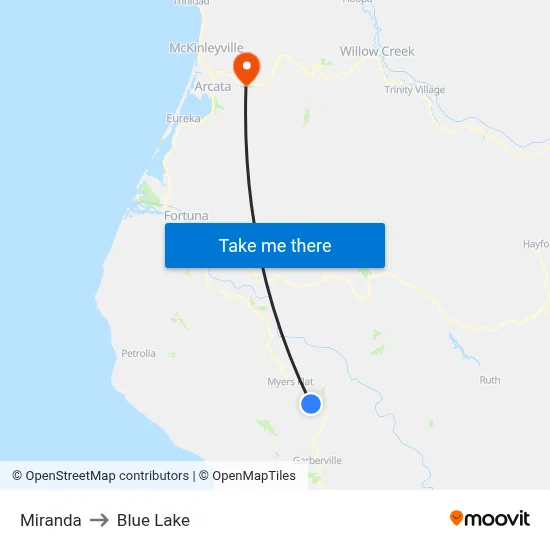 Miranda to Blue Lake map