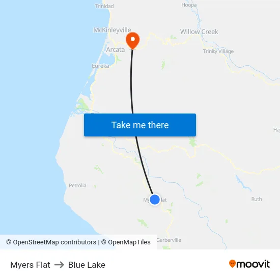 Myers Flat to Blue Lake map