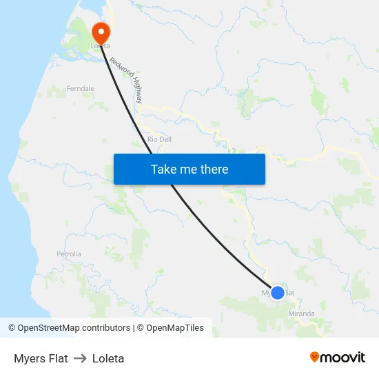 Myers Flat to Loleta map