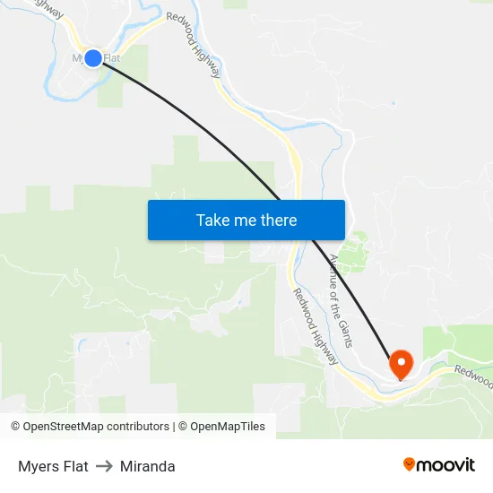Myers Flat to Miranda map