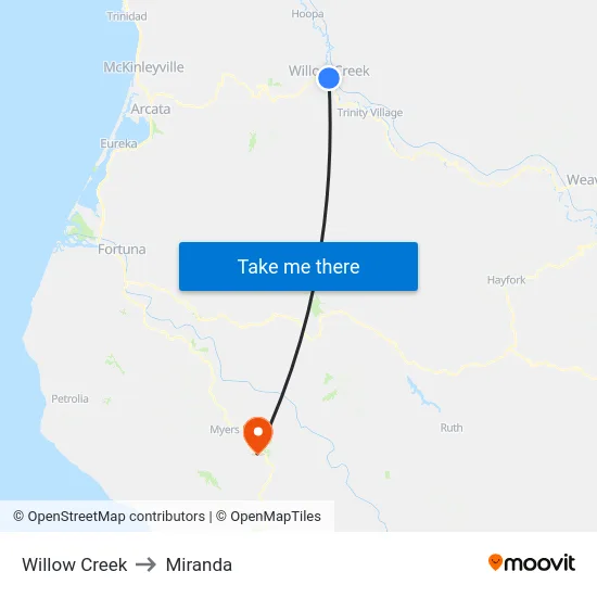 Willow Creek to Miranda map