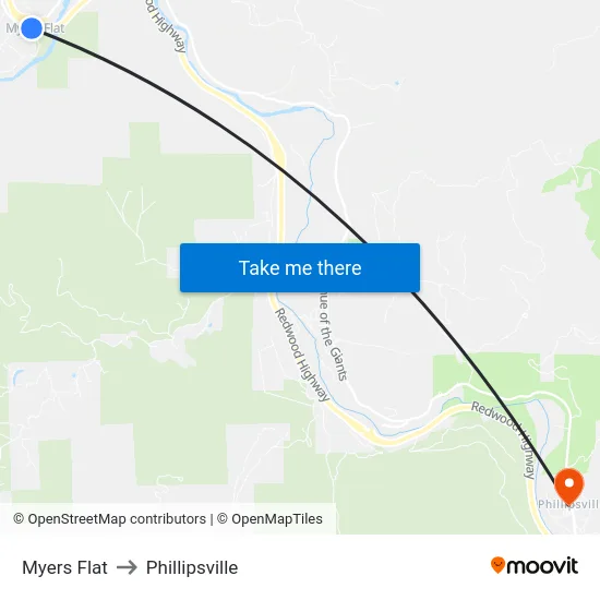 Myers Flat to Phillipsville map