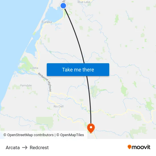 Arcata to Redcrest map