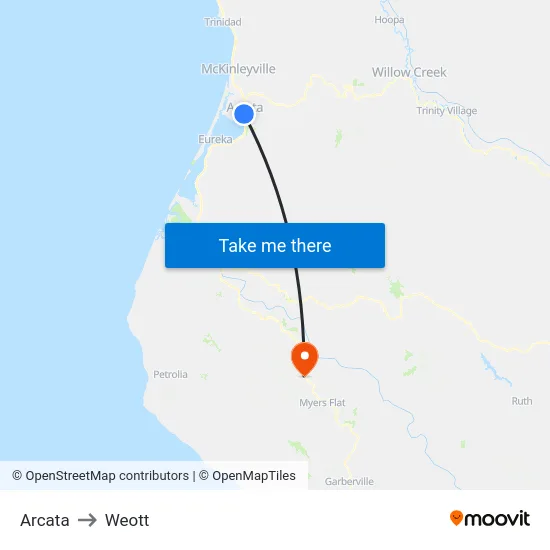 Arcata to Weott map