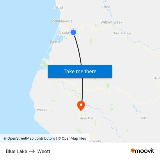 Blue Lake to Weott map