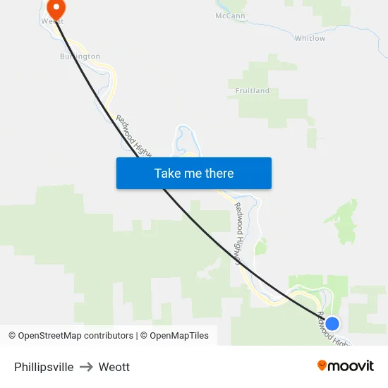 Phillipsville to Weott map