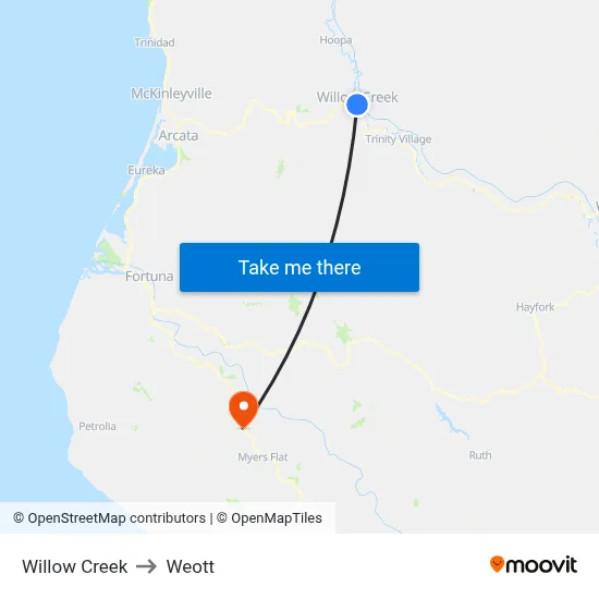 Willow Creek to Weott map