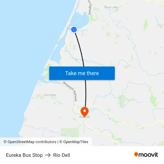 Eureka Bus Stop to Rio Dell map