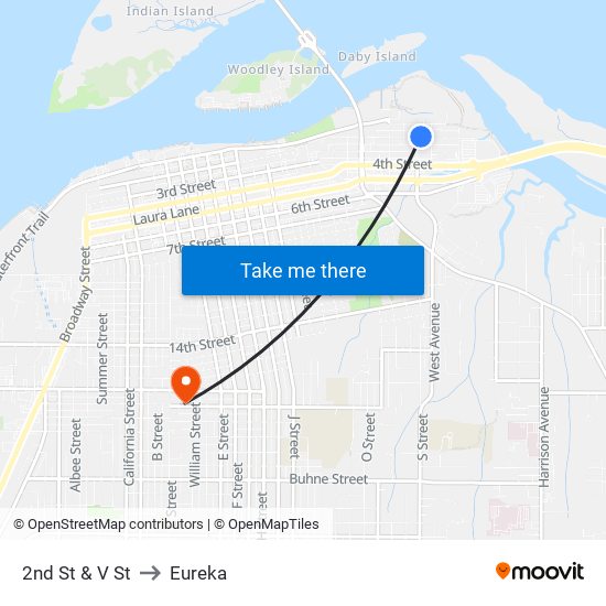 2nd St & V St to Eureka map