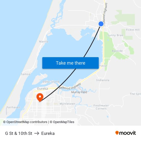 G St & 10th St to Eureka map