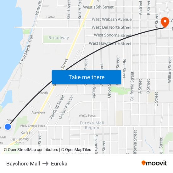 Bayshore Mall to Eureka map