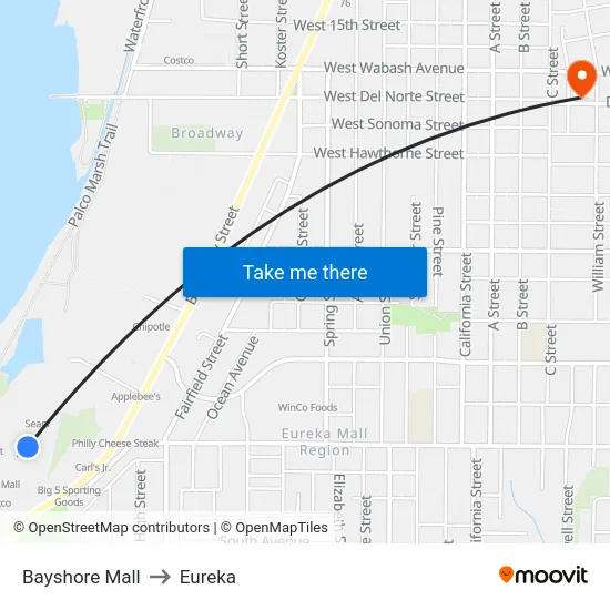 Bayshore Mall to Eureka map