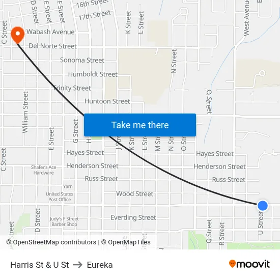 Harris St & U St to Eureka map