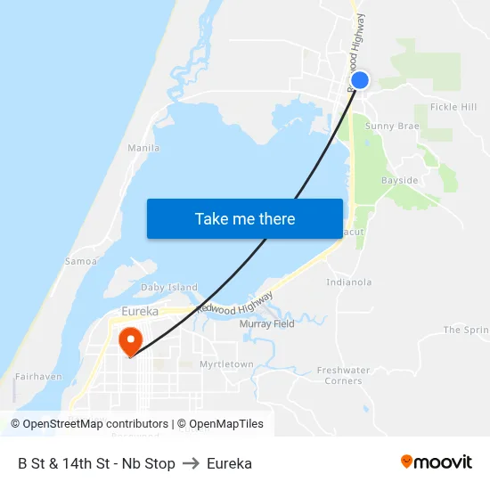 B St & 14th St - Nb Stop to Eureka map