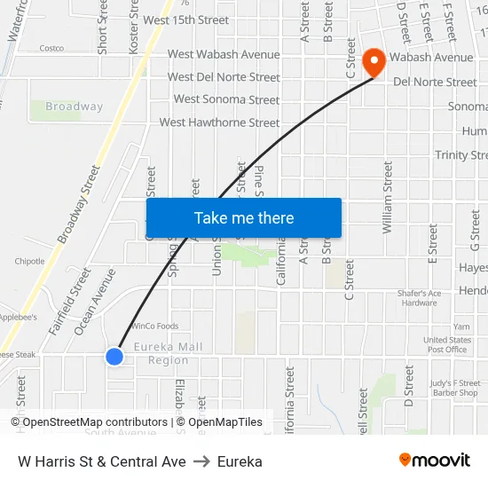 W Harris St & Central Ave to Eureka map