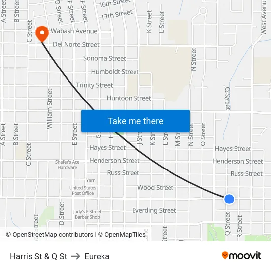 Harris St & Q St to Eureka map