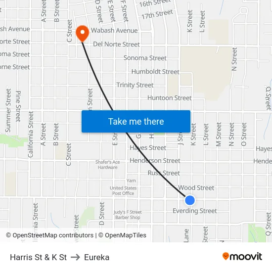 Harris St & K St to Eureka map
