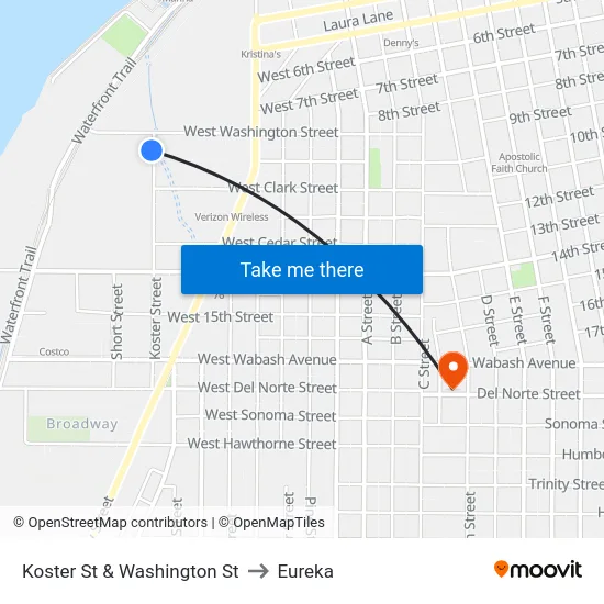 Koster St & Washington St to Eureka map