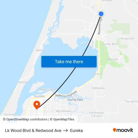 Lk Wood Blvd & Redwood Ave to Eureka map