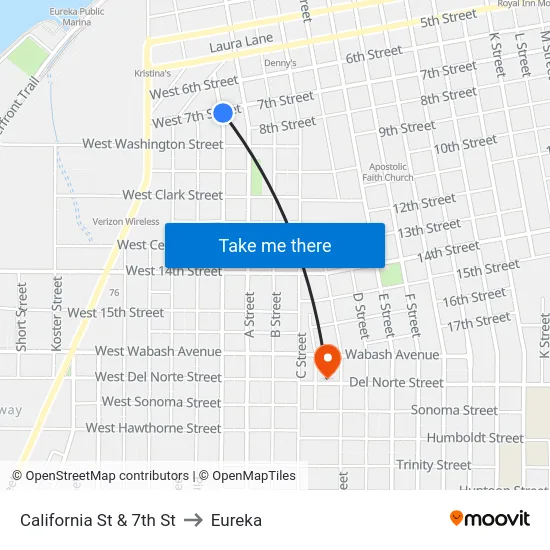 California St & 7th St to Eureka map