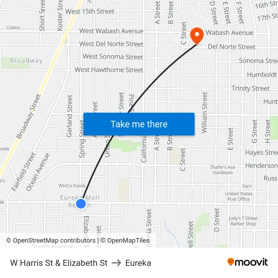 W Harris St & Elizabeth St to Eureka map