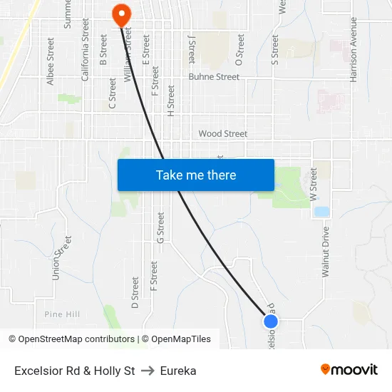Excelsior Rd & Holly St to Eureka map