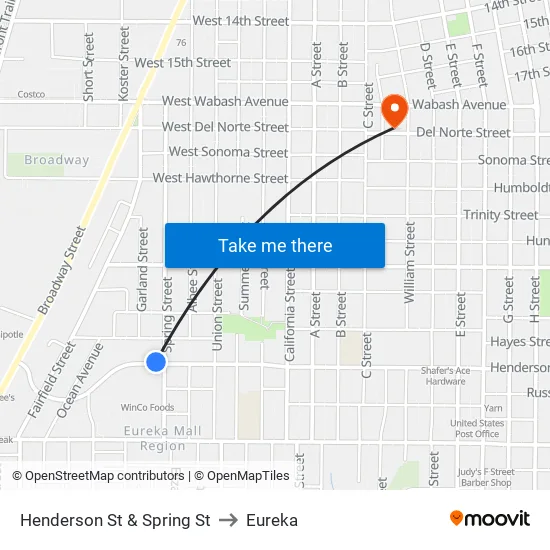 W Henderson St & Spring St to Eureka map