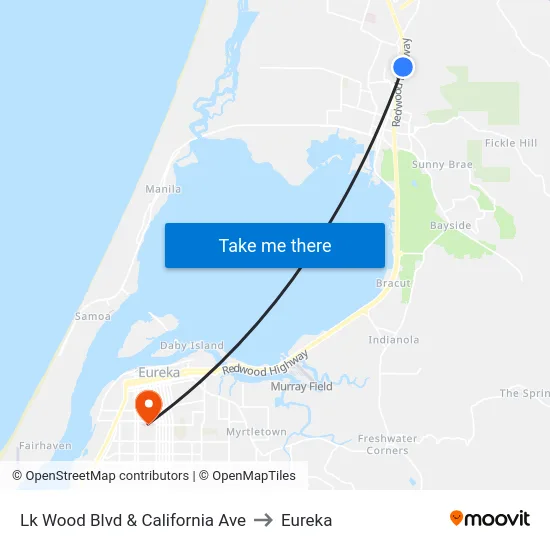 Lk Wood Blvd & California Ave to Eureka map
