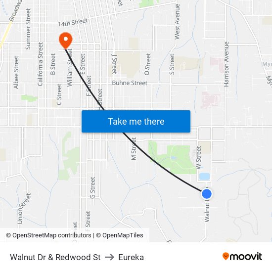 Walnut Dr & Redwood St to Eureka map