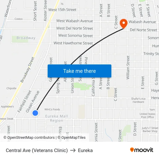 Central Ave (Veterans Clinic) to Eureka map