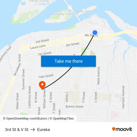 3rd St & V St to Eureka map