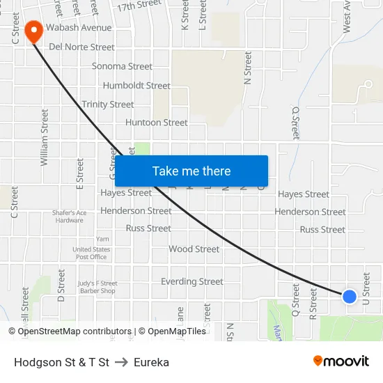 Hodgson St & T St to Eureka map