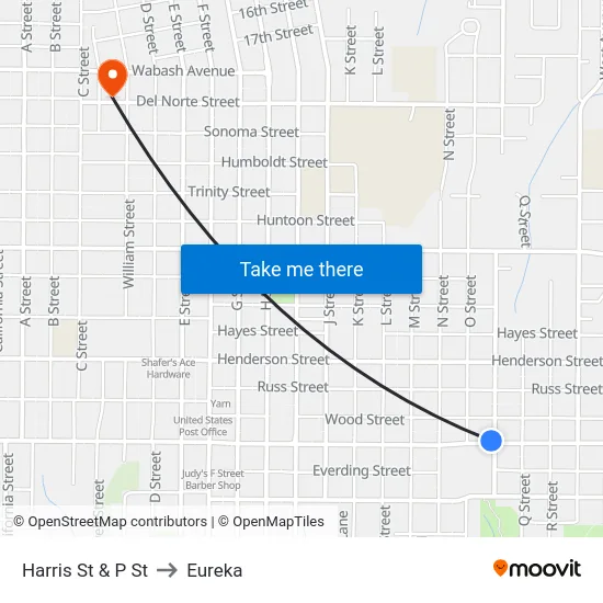 Harris St & P St to Eureka map