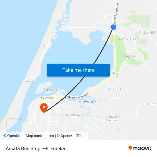 Arcata Bus Stop to Eureka map