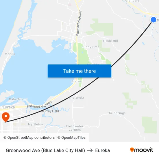 Greenwood Ave (Blue Lake City Hall) to Eureka map