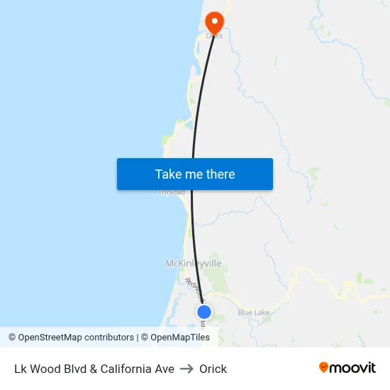 Lk Wood Blvd & California Ave to Orick map