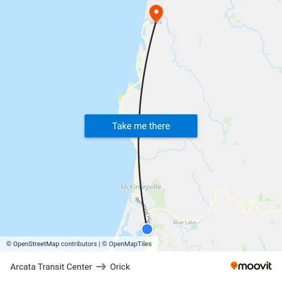 Arcata Transit Center to Orick map