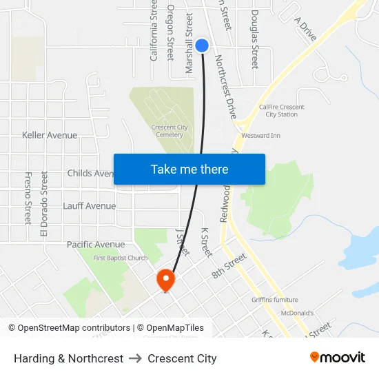 Harding & Northcrest to Crescent City map