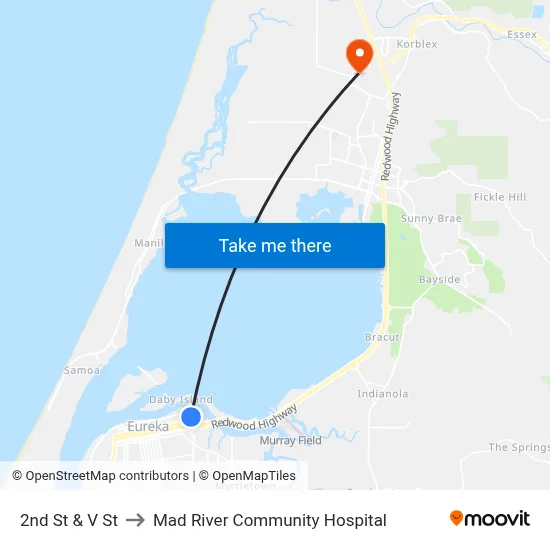 2nd St & V St to Mad River Community Hospital map