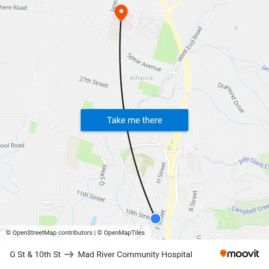 G St  & 10th St to Mad River Community Hospital map