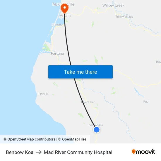 Benbow Koa to Mad River Community Hospital map