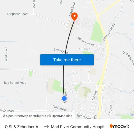 Q St & Zehndner Ave to Mad River Community Hospital map