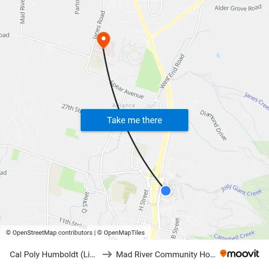 Cal Poly Humboldt (Library) to Mad River Community Hospital map