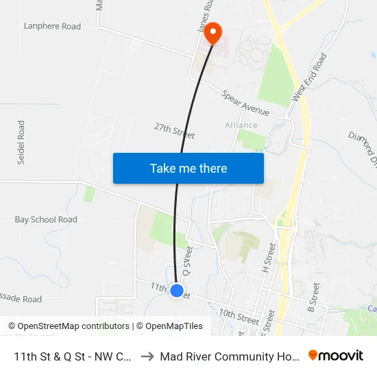 11th St & Q St - NW Corner to Mad River Community Hospital map
