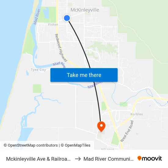 Mckinleyville Ave & Railroad Dr - Sb Stop to Mad River Community Hospital map