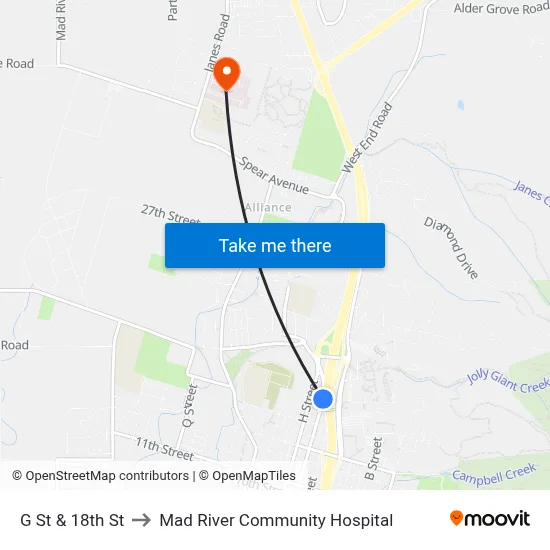 G St & 18th St to Mad River Community Hospital map