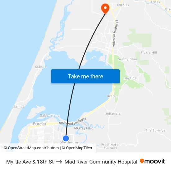 Myrtle Ave & 18th St to Mad River Community Hospital map