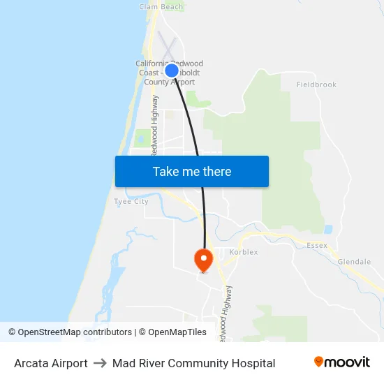 Arcata Airport to Mad River Community Hospital map